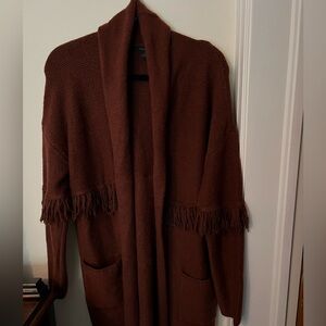 Tahari two pocket sweater duster with fun shag trim.